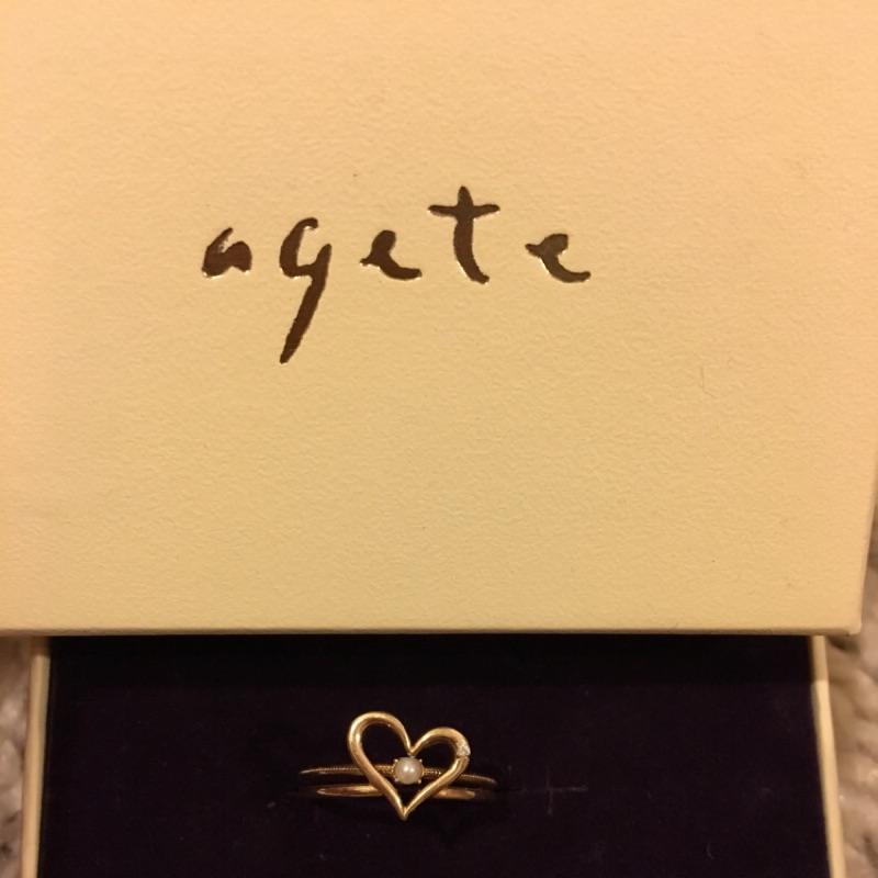 agete 2個K金戒指（單顆珍珠+愛心上小鑽石）