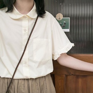 日系花邊袖娃娃領短袖襯衫女學生夏薄款寬鬆百搭少女襯衣學生上衣