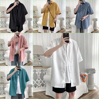 Ulzzang M-3XL 六色可選 簡約短袖襯衫 寬鬆 休閑 百搭 INS韓版潮流襯衣 落肩款 五分袖 韓版襯衫男