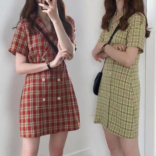 【🍒小櫻桃大尺碼】M-4XL 大尺碼洋裝 桔梗法式復古顯瘦氣質格子西裝小香風連衣裙子超仙女森系女夏A649