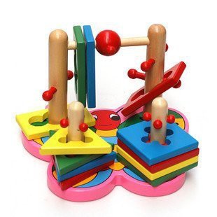 童心玩具~益智早教~原木蝴蝶套柱積木~3D立體空間幾何形狀配對~四柱連套動動腦玩具~◎