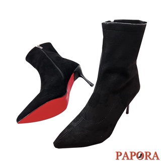 PAPORA靴 性感細跟黑色素絨面高跟靴 素色質感細跟靴 高跟鞋 性感裸靴 側拉鍊尖頭細跟高跟靴 正常