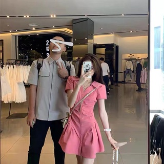 【COUPLE】💕💕情侶裝2022夏季新款假兩件顯瘦襯衫連衣裙子一衣一裙