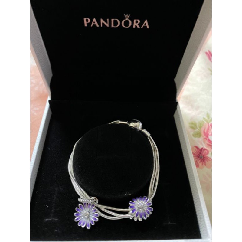 【全新】潘朵拉 Pandora Moments 多重蛇鍊 紫色雛菊串飾/吊飾