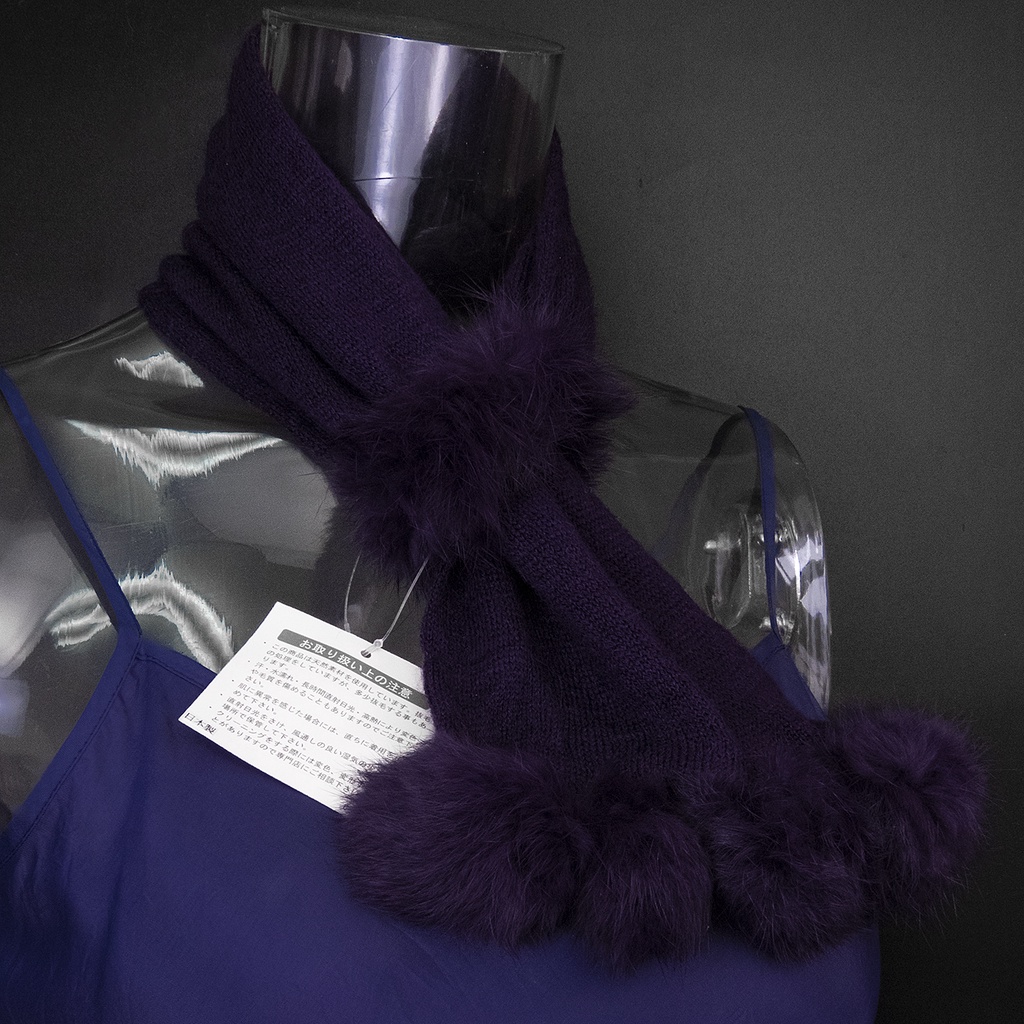 紫色兔毛球球皮草圍巾 針織 4顆球 日本製
