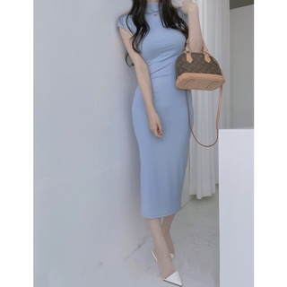 緊身洋裝 連身裙 性感洋裝 韓國2022春夏新款緊身性感氣質女人味中高領無袖素色打底連衣長裙