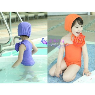 零碼出清 韓版女童泳裝 附泳帽 連身泳裝 斜肩小露香肩 可愛連體泳裝 寶寶泳衣
