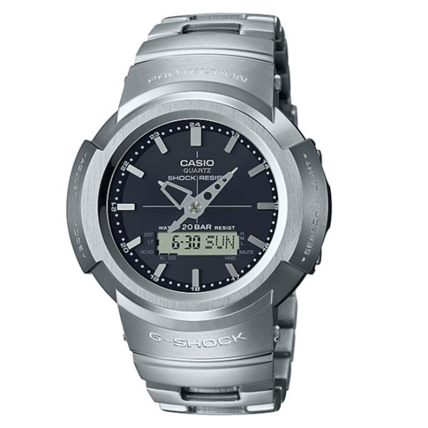 CASIO 卡西歐G-SHOCK AWM-500D-1A 全金屬指針數位雙顯示太陽能腕錶/銀44.5mm