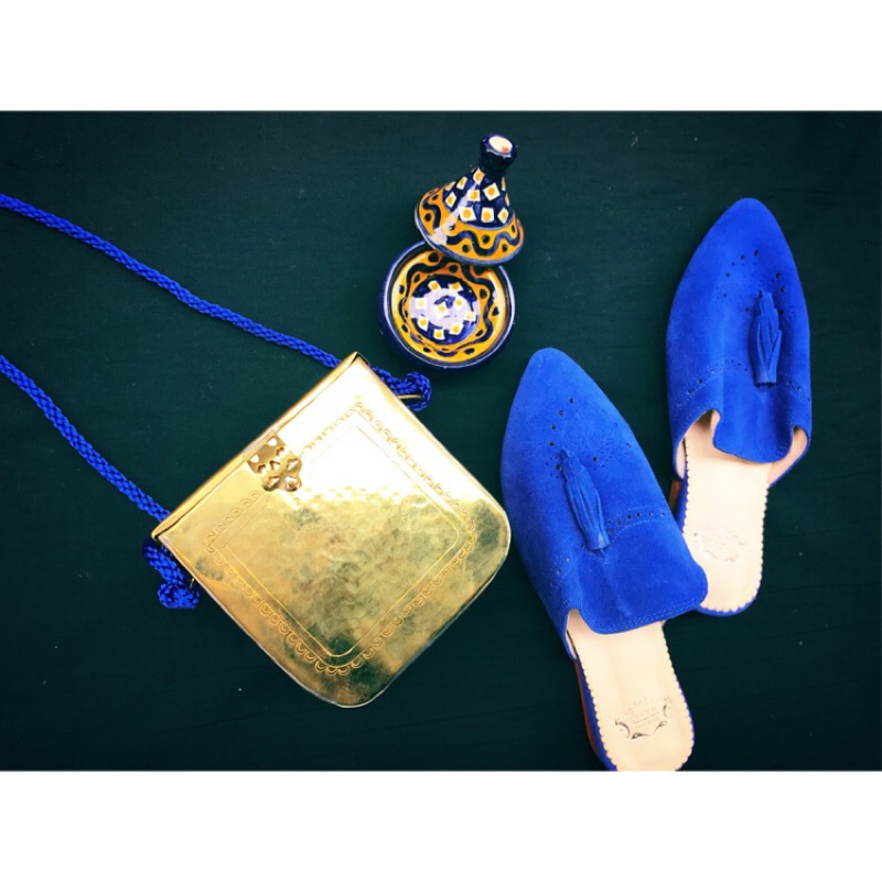摩洛哥金色金屬小方包硬殼包手拿包/寶藍色室外拖鞋穆勒鞋懶人鞋