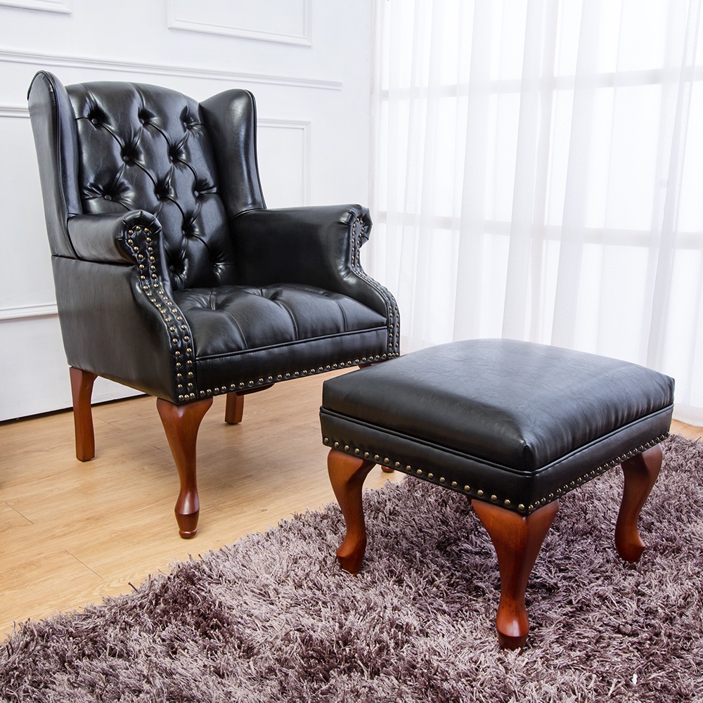 Boden-美式復古風黑色皮沙發單人座椅+腳椅凳