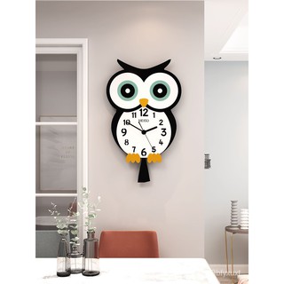 掛鐘貓頭鷹創意卡通可愛掛鐘臥室靜音裝飾搖擺兒童時鐘客廳個性鐘錶