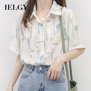 IELGY 香港風格印花短袖防曬襯衫女士夏季薄寬鬆襯衫上衣