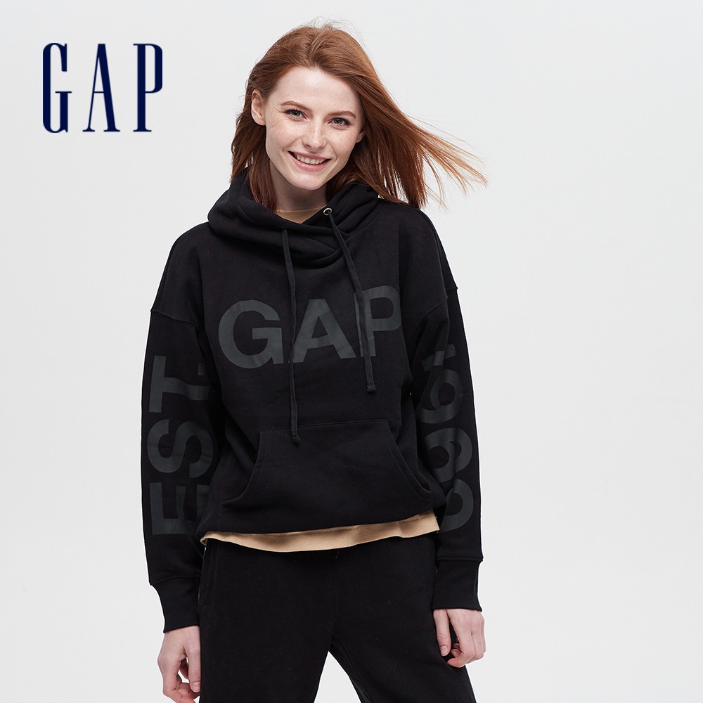 Gap 女裝 Logo印花帽T 碳素軟磨系列-黑色(620511)