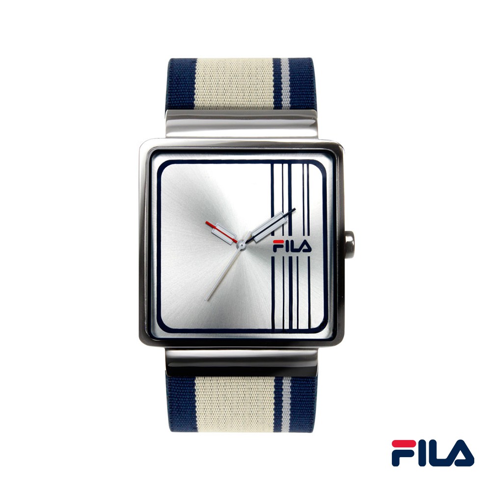 【FILA】經典藍米相間織布帶腕錶(方形)_W-FI-004(瑕疵品)