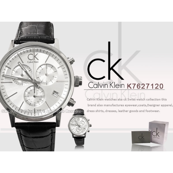 Calvin Klein   K7627120 白 簡約三眼黑面皮革錶帶_石英男錶 保固一年_開發票 國隆手錶專賣店