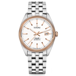 TITONI 梅花錶 男 宇宙系列 玫瑰金錶圈不銹鋼鍊帶機械腕錶-41mm(878 SRG-606)