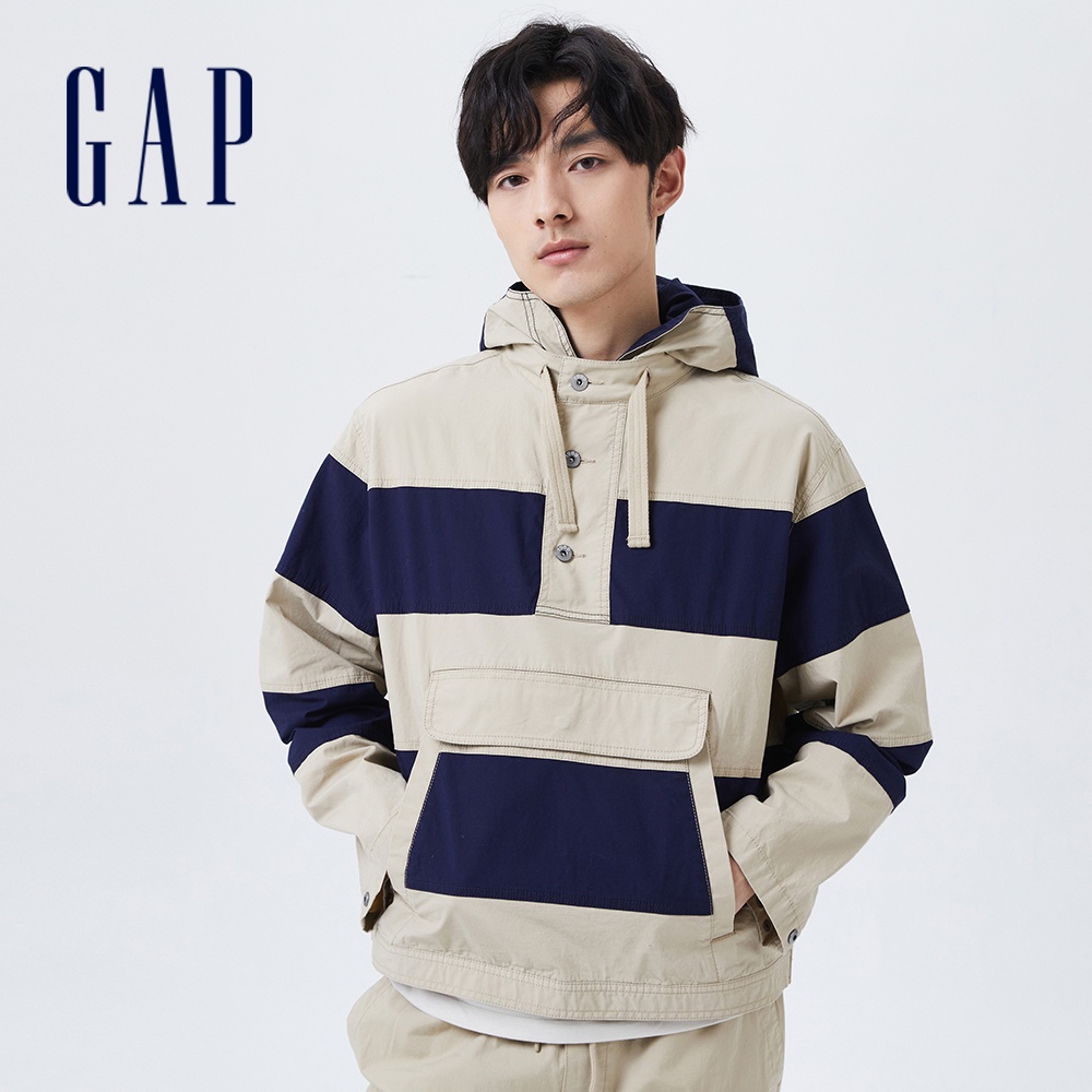 Gap 男裝 寬條紋半開領帽T 輕透氣系列-卡其條紋(837030)