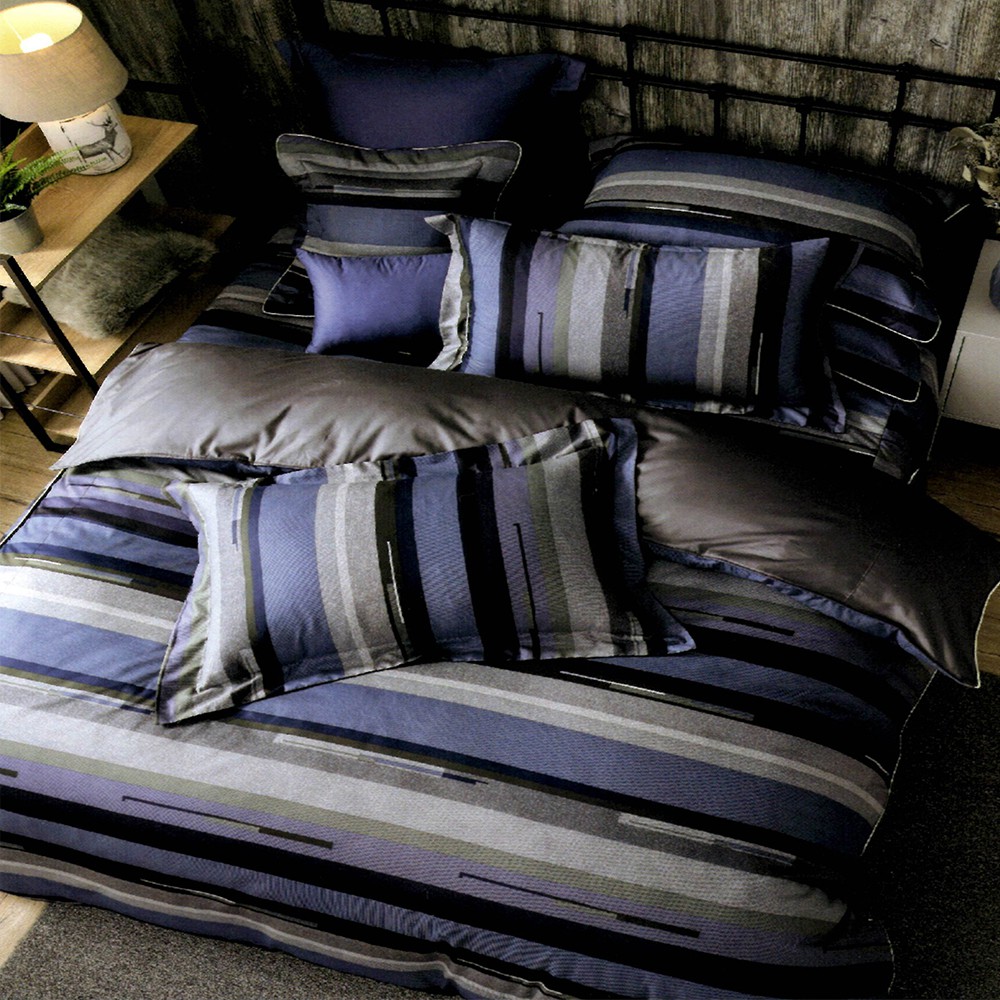 M.I.T精梳純棉印花【單人 雙人 加大 特大組合】規格可選  兩用被床包四件組 六件式鋪棉床罩組 CB618藍