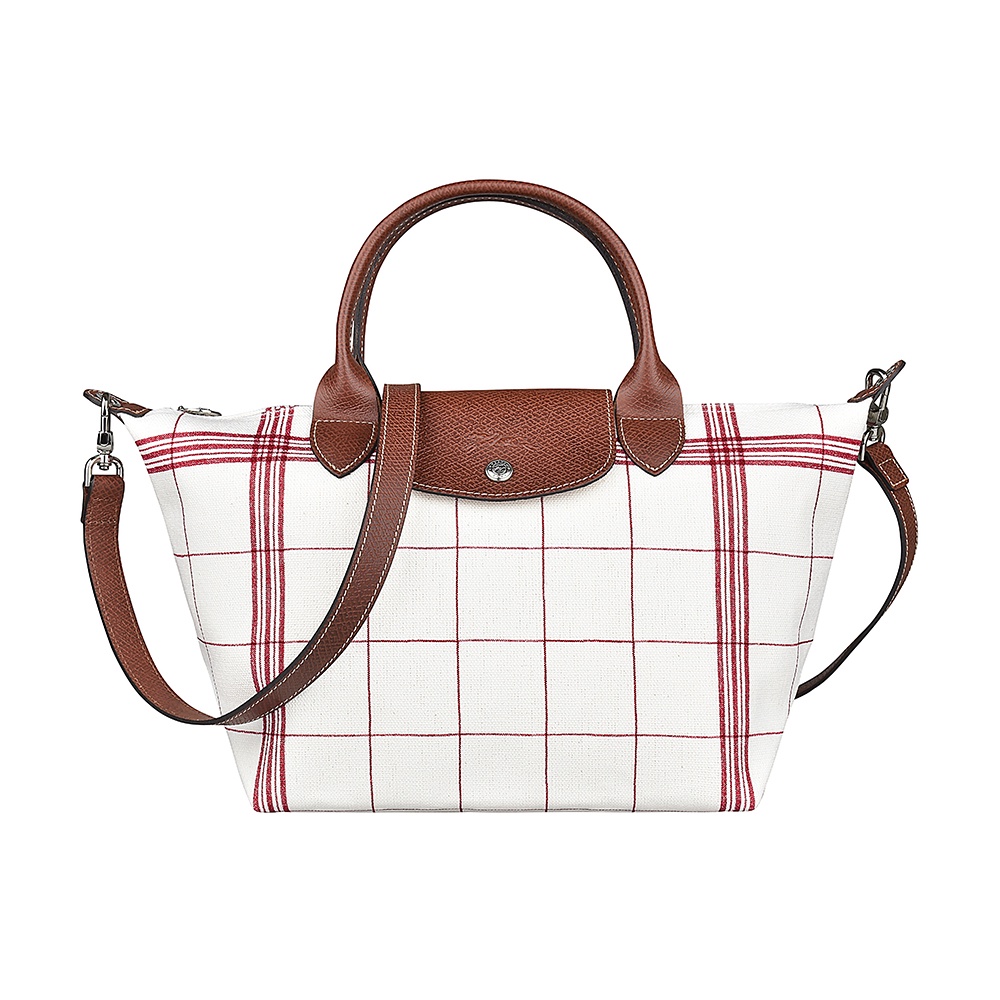 LONGCHAMP LE PLIAGE TORCHON壓印LOGO格紋設計棉布短把拉鍊斜背包(白x紅)