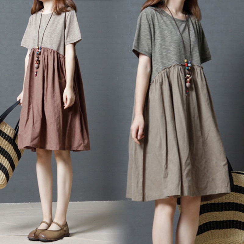 洋裝 棉麻洋裝 夏季短裙 韓版 寬鬆 撞色 中大尺碼洋裝 圓領 短袖洋裝連身裙