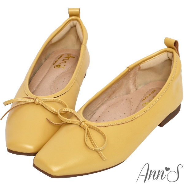 Ann’S法式平底鞋-柔軟全真皮蝴蝶結芭蕾小方頭鞋-黃(版型偏小)