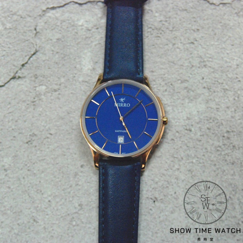 MIRRO 質感 簡約 水晶玻璃 文青 皮革腕錶 - 藍面玫瑰金 6972BK-29642LR [ 秀時堂 ]