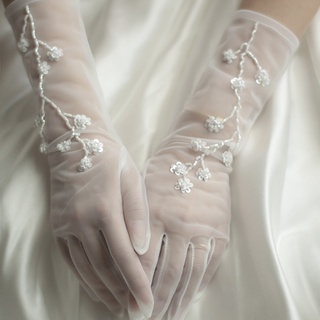 吉家原創 《毓琛》 新娘 中長款 縫珠 手套 薄紗 透明 婚紗 禮服 輕紗 配飾 透明手套 婚紗配飾