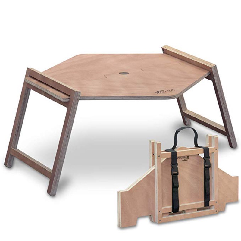 日本代購FIELDOOR 戶外露營野餐 面板式木製一桿帳篷桌 印地安帳內桌 易於安裝木材六角矮桌 折疊桌