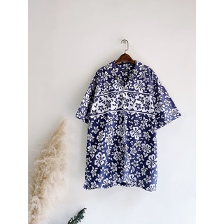 深藍花卉滿版圖騰 古著棉質夏威夷襯衫上衣 vintage Aloha Shirt