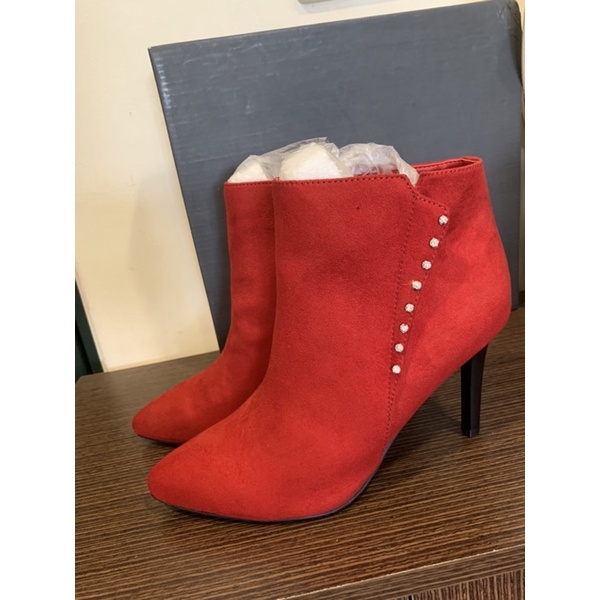 全新達芙妮DAPHNE紅色麂皮單排水鑽短靴/裸靴23.5/37鞋子