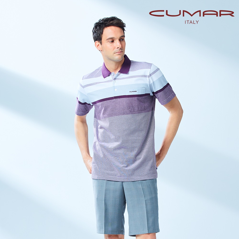 【CUMAR】男裝短袖棉質條紋POLO衫 208254-51紫白