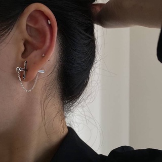 現貨｜LINGLING流行純銀飾品❤️韓國東大門s925復古作舊十字架鏈條後掛式純銀耳環 銀耳環 耳針 銀飾 925純銀