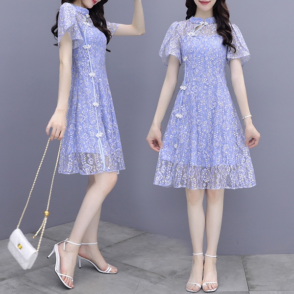 愛依依 洋裝 收裙 連身裙 S-2XL新款藍色法式蕾絲女小個子氣質改良旗袍裙子T302-6145.