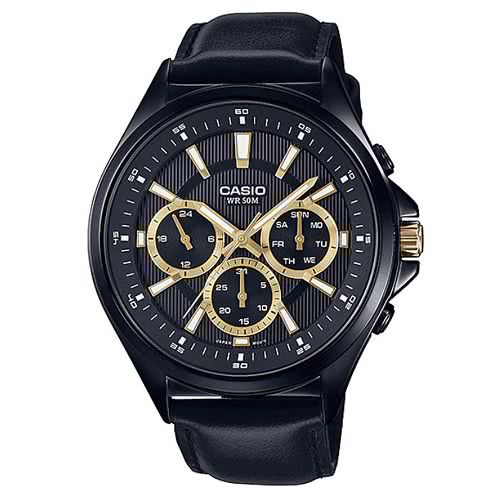 【CASIO】卡西歐 埃及風密編織錶帶皮帶紳士錶－黑X金 MTP-E303BL-1A 台灣卡西歐保固一年