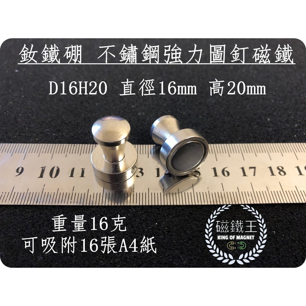 【磁鐵王 A0453】釹鐵硼 強磁 金屬圖釘磁鐵 吸鐵 強力磁鐵 D16H20 直徑16mm 高20mm 圖釘磁鐵
