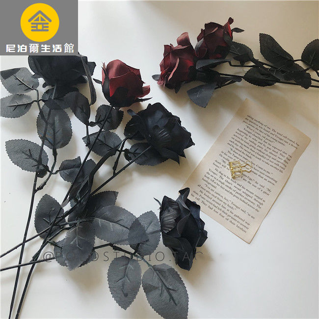 熱賣 乾燥花裝飾花仿真花 黑色模擬玫瑰花黑暗風寫真拍照道具哥德風暗紅玫瑰裝潢擺拍手拿花 蝦皮購物