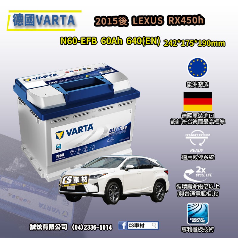 CS車材-VARTA 華達電池 LEXUS RX450h 15年後 N60 D52 EFB AGM 非韓製 代客安裝