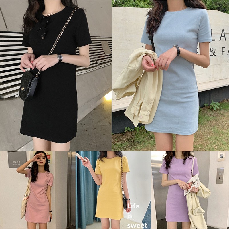 Comeandbuy 五色入短袖洋裝短版洋裝閨蜜裝連身洋裝素面洋裝韓版短袖長版t恤裙子 蝦皮購物