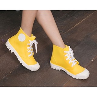 格子舖＊【AR038】晴雨兩穿2ways 超防水 韓版綁帶造型雨鞋 雨靴 帆布鞋 - 黃色