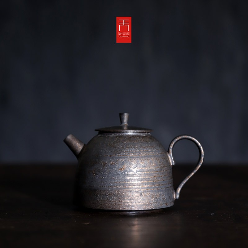 景德鎮純手工粗陶鎏金茶壺 日式復古金屬釉泡茶壺 薄胎灑金釉茶具