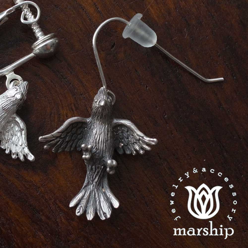 Marship 日本銀飾品牌 鸚鵡耳環 展翅飛翔款 925純銀 古董銀款 針式耳環