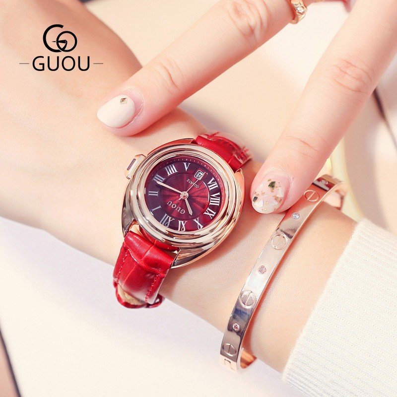 GUOU古歐 watch 時尚女士石英手表 氣質羅馬刻度日歷表盤皮帶手表