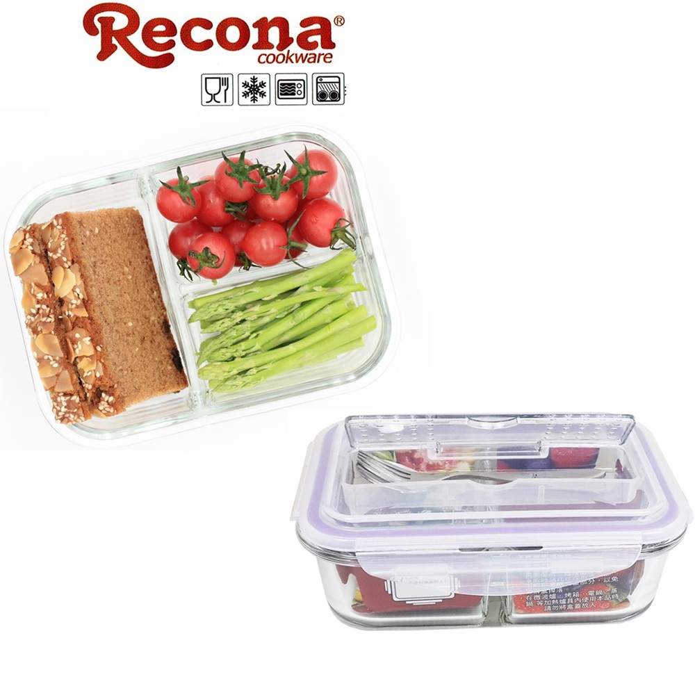 【Recona】長型400°c耐熱3格玻璃保鮮盒950ml 贈(匙+叉) 便當盒 賣客王國