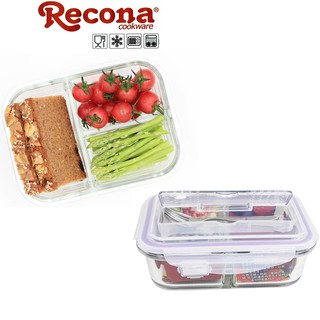 【Recona】長型400°c耐熱3格玻璃保鮮盒950ml 贈(匙+叉) 便當盒 賣客王國