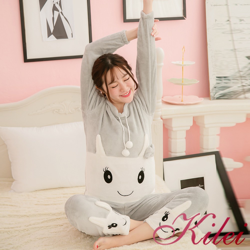 【Kilei】女生睡衣 睡衣套裝 保暖睡衣 家居服睡衣 兔子表情造型水貂絨長袖二件式睡衣組XA3900(悠閒灰)全尺碼