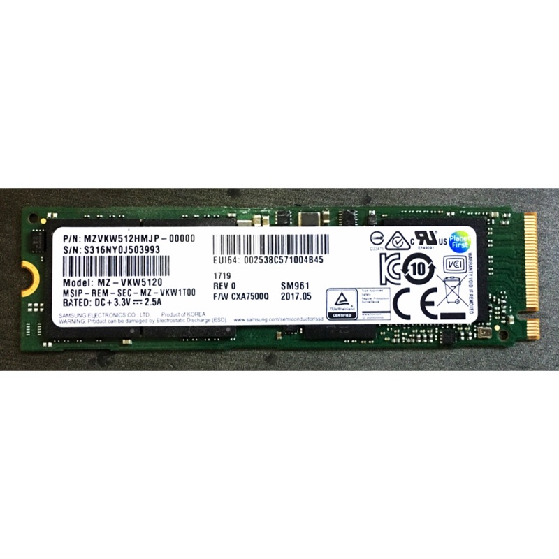 Samsung SM961  M.2 SSD NVMe 512GB 2017/5新顆粒3年保固