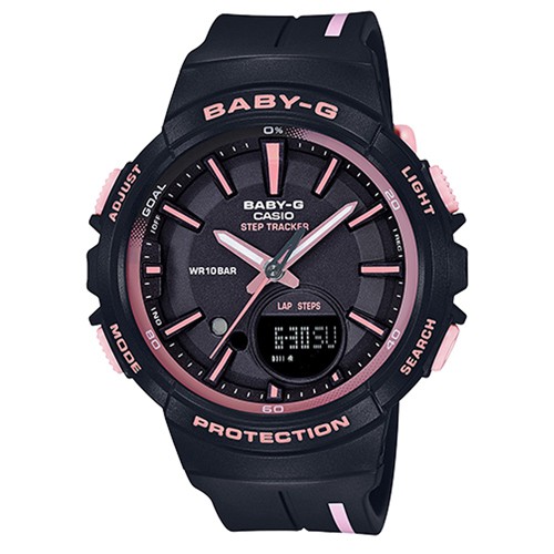 【CASIO】BABY-G 陽光系運動女孩計步錶-黑X粉 (BGS-100RT-1A)正版宏崑公司貨