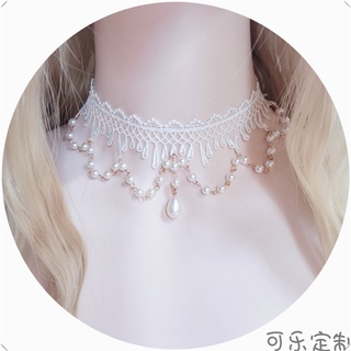 臺灣現貨 貓熊繽雰 甜美羅莉塔公主落雨水滴項鍊vintage 原創手作Lolita白色蕾絲珍珠項鏈法式復古花嫁鎖骨鏈頸飾