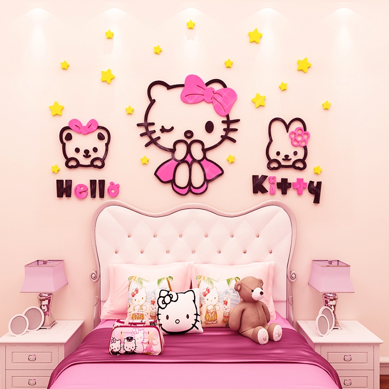 免运 現貨超便宜 hello kitty 壁貼 Kitty壁貼立體3d壓克力立體壁貼牆貼臥室兒童房床頭家居裝飾貼畫