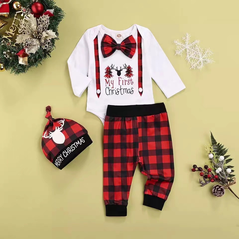 (現貨+預購)聖誕節紅色格子嬰兒套裝(無帽子)❂童裝 寶寶衣服(尺寸70-100cm)